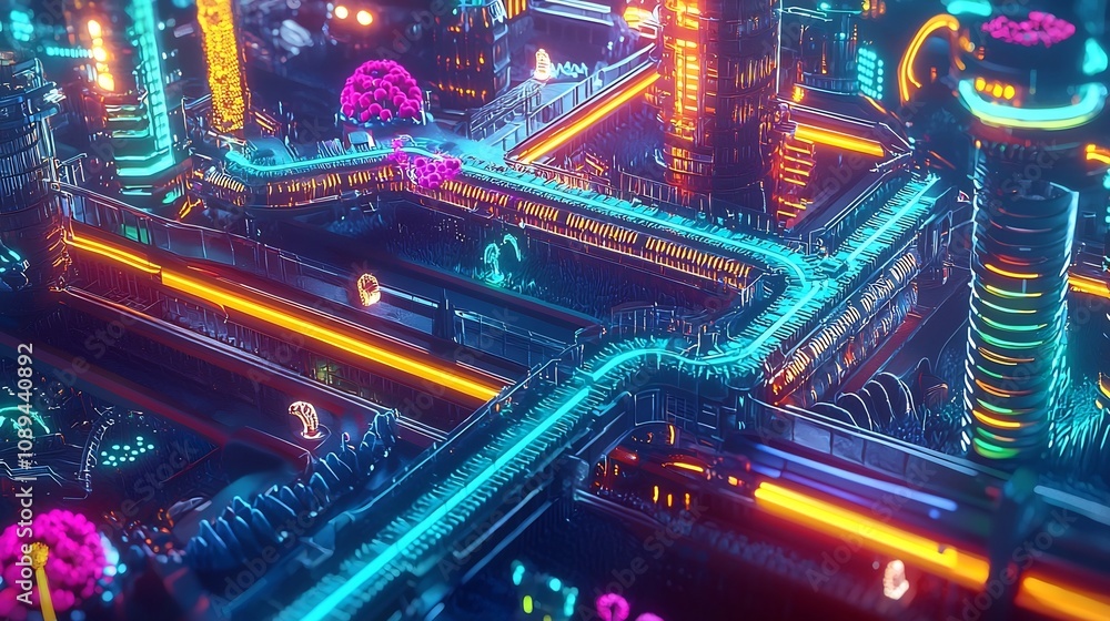 Aufkleber a vibrant futuristic digital cityscape visualizing the interconnected tools and processes of a gene 