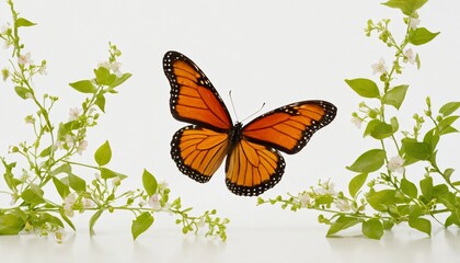 An artistic arrangement of colorful butterflies, green vines, and tiny blossoms 