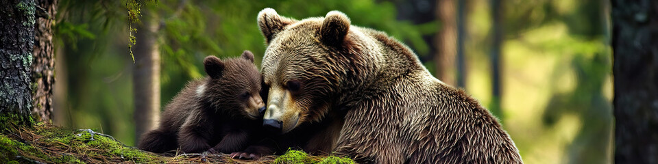 Obraz premium A family of bears playing in the trees, a mother bear affectionately nuzzling her cub.
