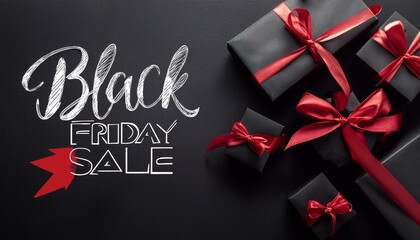 Top view of black christmas gift boxes with red ribbon on black background with text Bkack Friday Sale composition