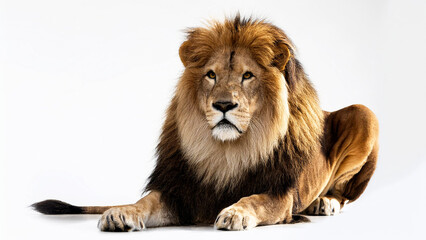Obraz premium Lion in a lying pose on a white background.