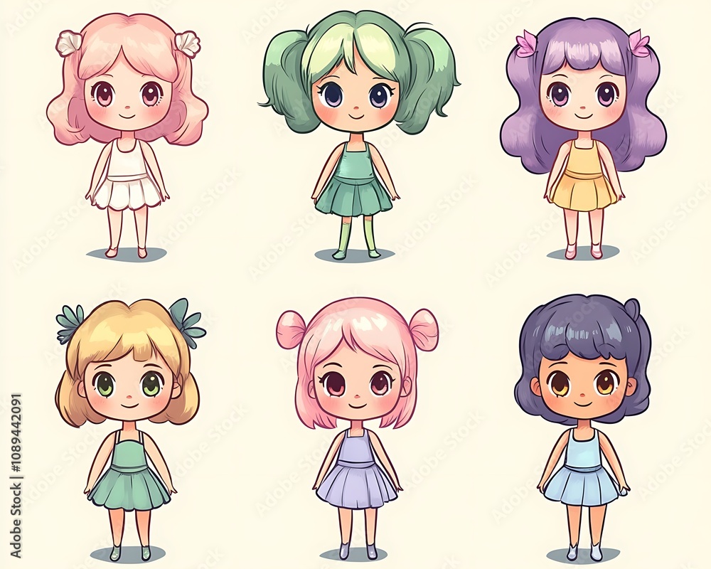 Poster animated 3d character concepts, adorable chibi characters in soft pastel colors