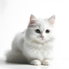 Fluffy white cat with soft fur and bright eyes lying down on a white background