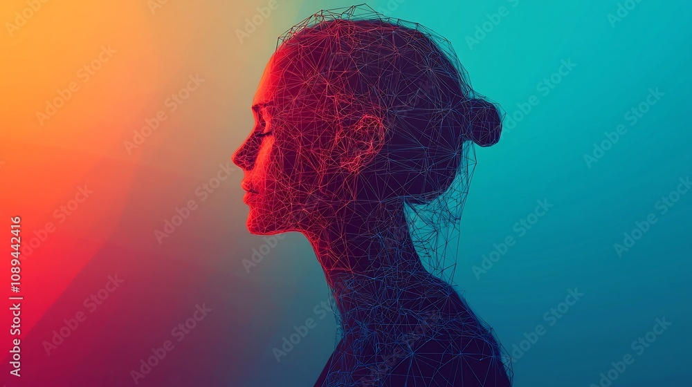 Poster abstract digital rendering of a low poly wireframe human silhouette set against a gradient blue back