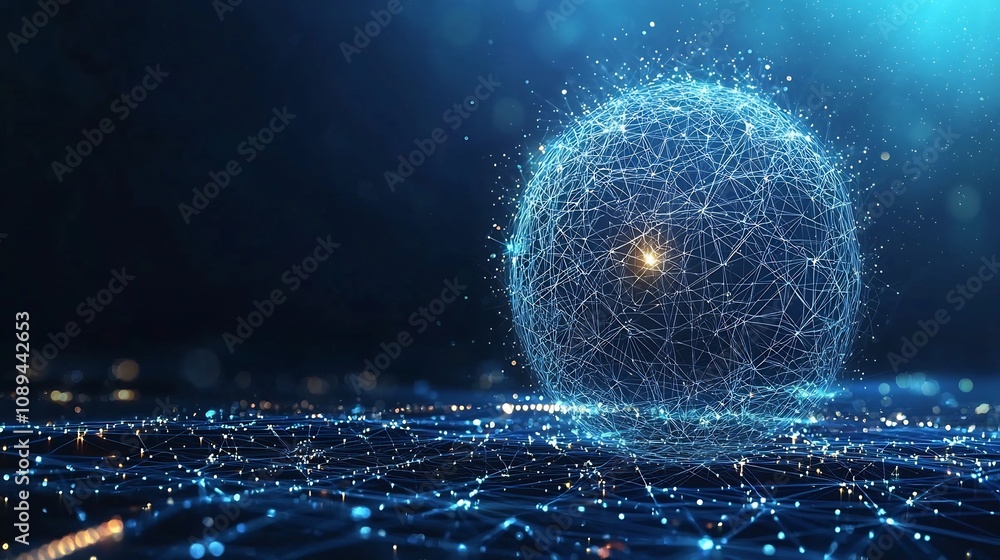 Poster abstract glowing cosmic atom icon orbiting and sparkling with bright light against a futuristic blue