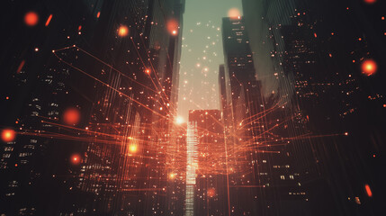 Obraz premium Smart digital Innovation Business skyscrapers in the Financial District with connection network reciprocity over the cityscape. of future smart wireless digital city and social media networking