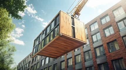 Modular flat-shaped container with panoramic windows lowered onto apartment building roof by crane in bright daylight