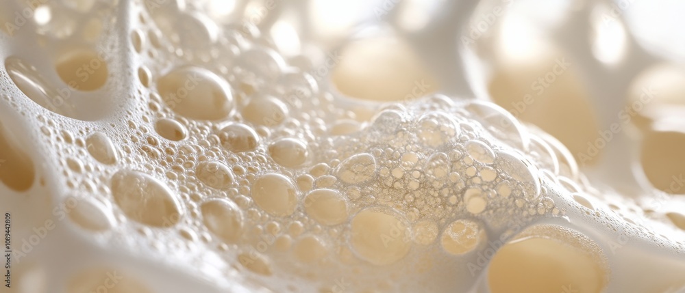Aufkleber Close-Up View of Creamy Foam Texture with Bubbles and Air Pockets Capturing the Essence of Softness and Lightness in an Abstract Background