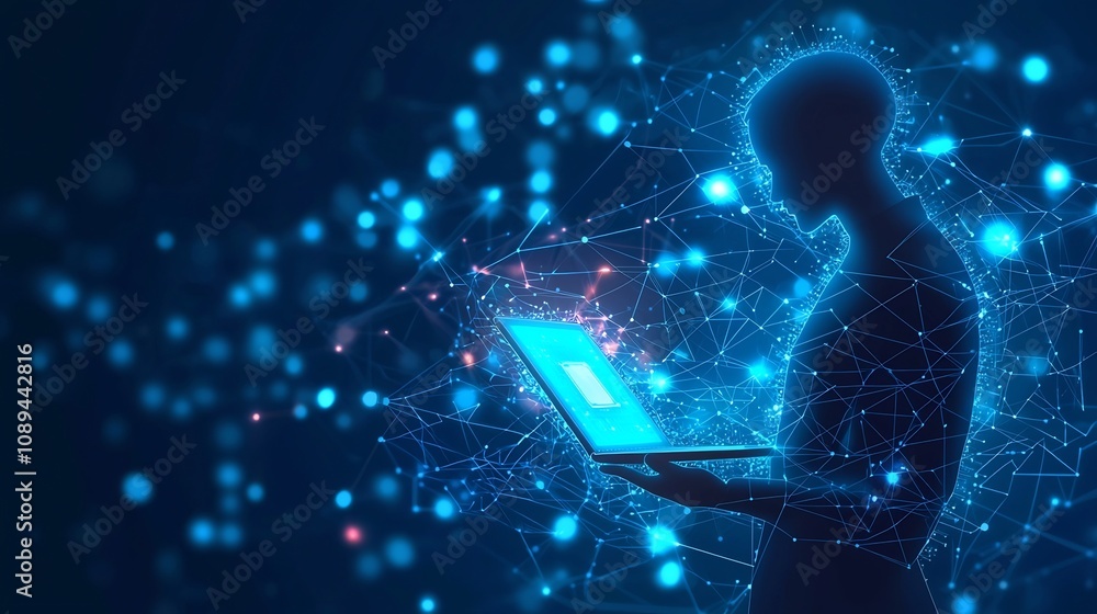 Poster abstract hacker silhouette with a glowing light blue laptop and chip set in a dynamic electronics ba