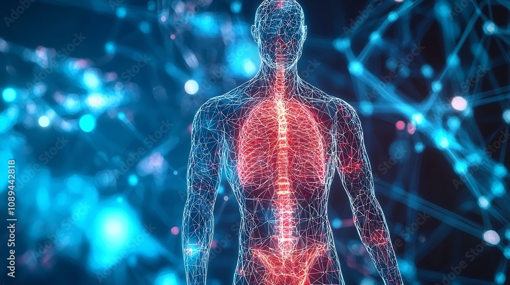 Poster abstract low poly wireframe visualization of a human body rendered in a luminous blue digital enviro