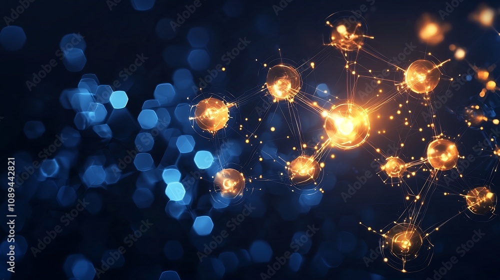 Poster abstract of glowing molecular or atomic symbols with radiant orbits and sparkling highlights set aga