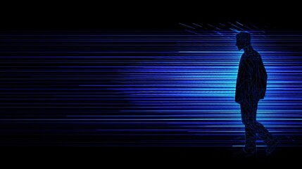 Abstract polygonal human silhouette in a futuristic wireframe style glowing with low poly geometric patterns against a vibrant blue digital backdrop  The image creates a conceptual