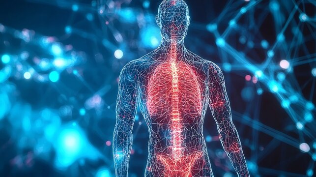 Abstract low poly wireframe visualization of a human body rendered in a luminous blue digital environment blending elements of anatomy technology and futuristic design