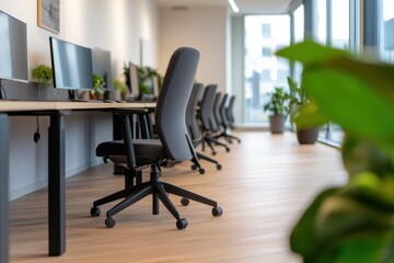 modern office workspace with ergonomic chairs and plants