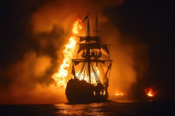 Pirate Vessel Sailing Through Battle-Swept Waters
