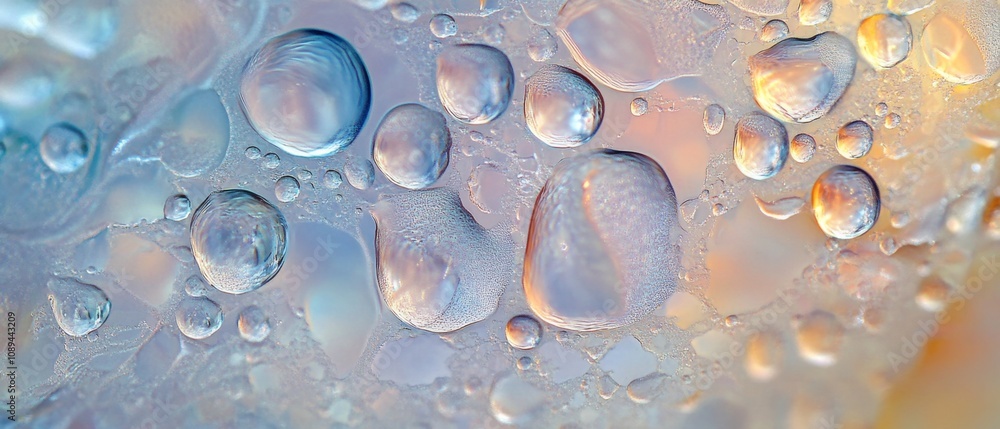 Poster close-up view of colorful water droplets on smooth surface with reflections and soft focus creating 