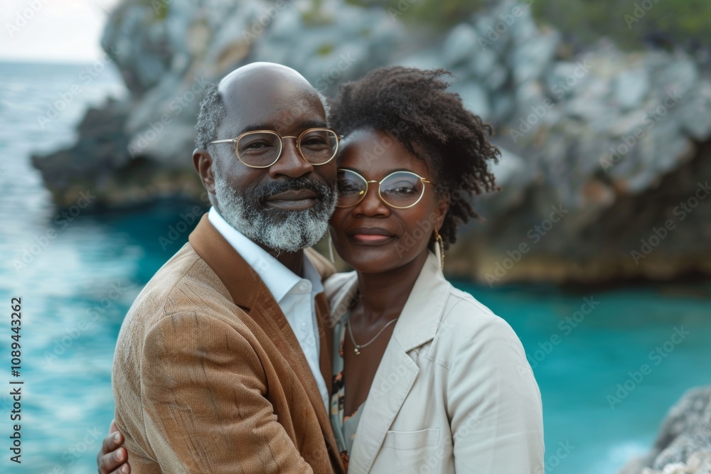 Canvas Prints Portrait of a satisfied afro-american couple in their 50s dressed in a stylish blazer on beautiful lagoon background