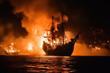 Obraz premium Burning Wreckage: Pirate Ship in Ocean Battle Smoke
