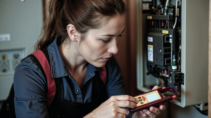 Focused female electrician using multimeter for electrical inspection