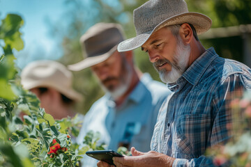 Farmers collaborating in the field using digital tools on a sunny day