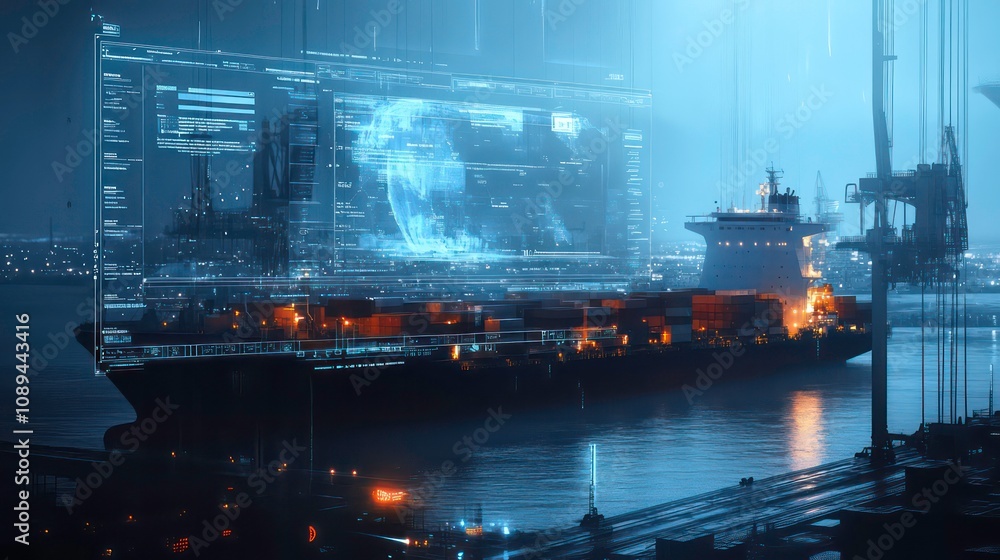 Aufkleber A cargo ship's digital tracking system interface overlays logistics, creating dynamic and dramatic compositions with ample copy space.
