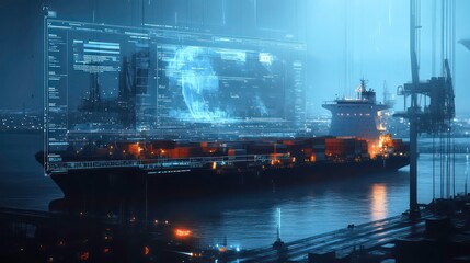 A cargo ship's digital tracking system interface overlays logistics, creating dynamic and dramatic compositions with ample copy space.