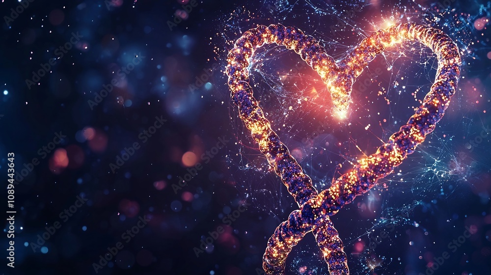 Poster an abstract and dynamic composition depicting a glowing dna strand merging with a heart shape