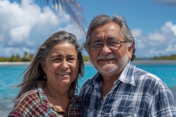Obraz premium Portrait of a glad latino couple in their 50s dressed in a relaxed flannel shirt on beautiful lagoon background