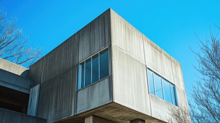 Fototapeta premium Minimalist concrete building with clean lines under a bright blue sky, capturing a contemporary architectural style.