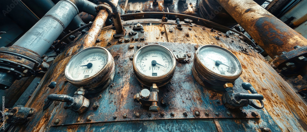 Poster close-up of an industrial pressure vessel with gauges and pipes showcasing depth and texture in a ru