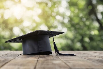Close up of a black graduation cap resting on a wooden table with sunlight streaming through a window in the background symbolizing academic goals achievements