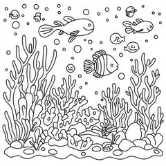 Fototapeta premium A whimsical coral reef with marine life, coloring page for kids, simple outline illustration. Coloring book, simple lines.