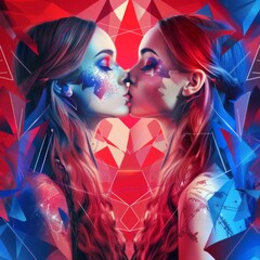 Two beautiful erotic women with long hair, facing each other and kissing, sensual dress in the style of harlequin makeup, in red, white, and blue colors.