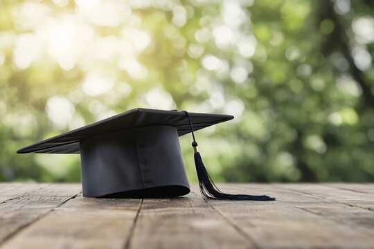 Close up of a black graduation cap resting on a wooden table with sunlight streaming through a window in the background symbolizing academic goals achievements