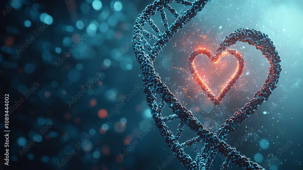 Poster an abstract futuristic composition depicting a glowing dna strand seamlessly merging with a heart sh