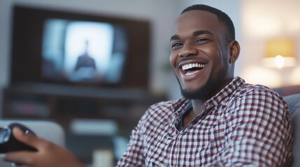 Naklejka premium Enjoying a video game with joy, smiling man playing indoors with a gaming console.