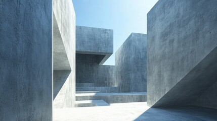 Minimalist concrete structure with smooth surfaces and blue sky background, capturing the essence of modern architecture.