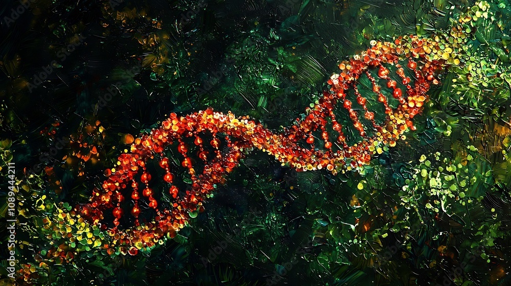 Poster an depiction of a double helix dna structure with sections glowing red to signify genetic anomalies 