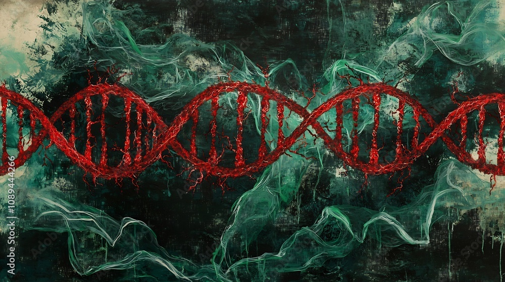 Poster an depiction of a double helix structure with sections glowing red to signify genetic anomalies surr