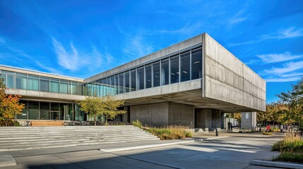 Obraz premium Minimalist design concrete building with clear architectural lines, set under a vibrant blue sky for a modern urban feel.