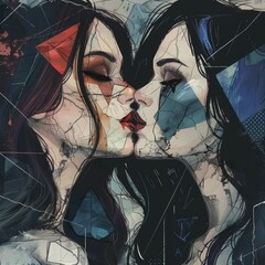 Two beautiful erotic women with long hair, facing each other and kissing, sensual dress in the style of harlequin makeup, in red, white, and blue colors.