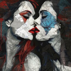 Two beautiful erotic women with long hair, facing each other and kissing, sensual dress in the style of harlequin makeup, in red, white, and blue colors.