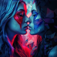 Two beautiful erotic women with long hair, facing each other and kissing, sensual dress in the style of harlequin makeup, in red, white, and blue colors.