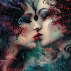 Two beautiful erotic women with long hair, facing each other and kissing, sensual dress in the style of harlequin makeup, in red, white, and blue colors.