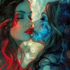 Two beautiful erotic women with long hair, facing each other and kissing, sensual dress in the style of harlequin makeup, in red, white, and blue colors.