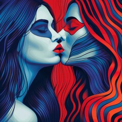 Two beautiful erotic women with long hair, facing each other and kissing, sensual dress in the style of harlequin makeup, in red, white, and blue colors.