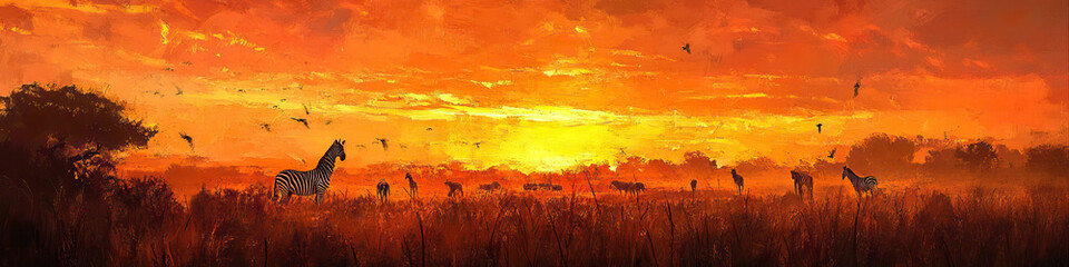 Serengeti Sunset: Zebras and giraffes grazing in the distance, the sky ablaze with orange and pink hues.