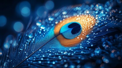 Naklejka premium A close-up of a peacock feather adorned with water droplets, showcasing vibrant colors and textures.