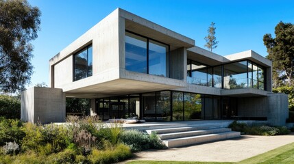 Fototapeta premium Modern concrete structure with large windows and clean lines, set against a bright blue sky for a fresh architectural look.