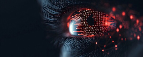 Closeup view of a glowing digital eye within an intricate web of data and code symbolizing advanced intelligence systems for vigilant monitoring and rapid incident response